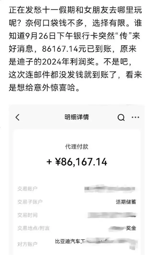 有员工卡里突然多了十余万    比亚迪：是利润奖