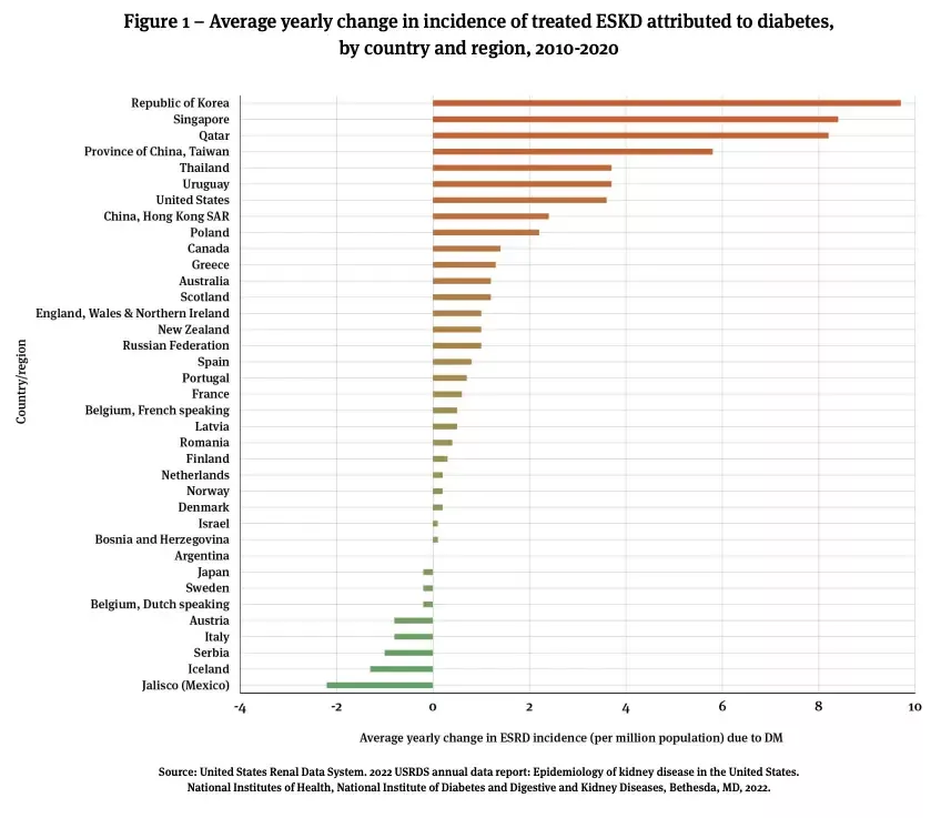 糖尿病相关 ESKD 发生率的年均变化（2010～2020 年）（图源：参考资料 1）