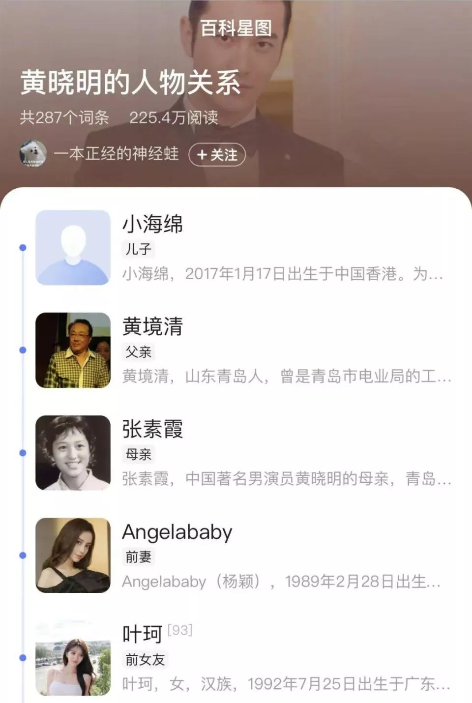 黄晓明百科显示：叶珂已是“前女友”