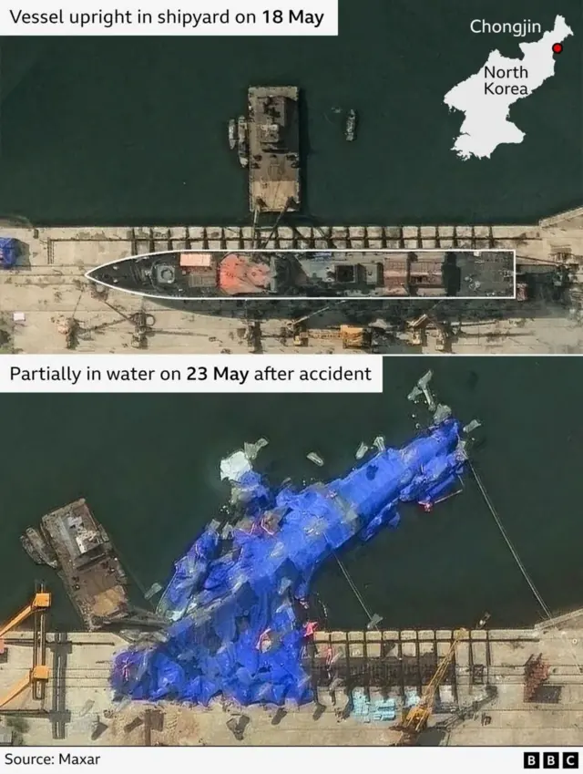 卫星影像显示，5月18日该军舰直立在船厂（上图），5月23日该军舰部分沉入水中（下图）