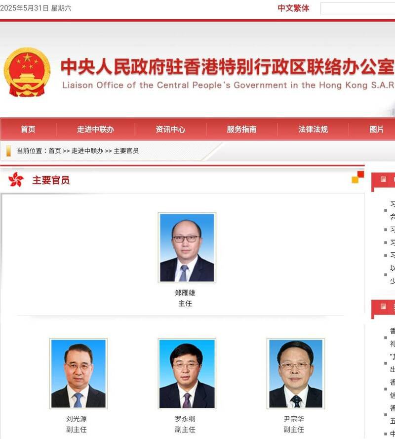截至今日上午香港中联办官网仍未更新资料,目前仍是挂中联办主任为郑雁雄。(图撷自香港中联办官网) 截至今日上午香港中联办官网仍未更新资料,目前仍是挂中联办主任为郑雁雄。(图撷自香港中联办官网)
