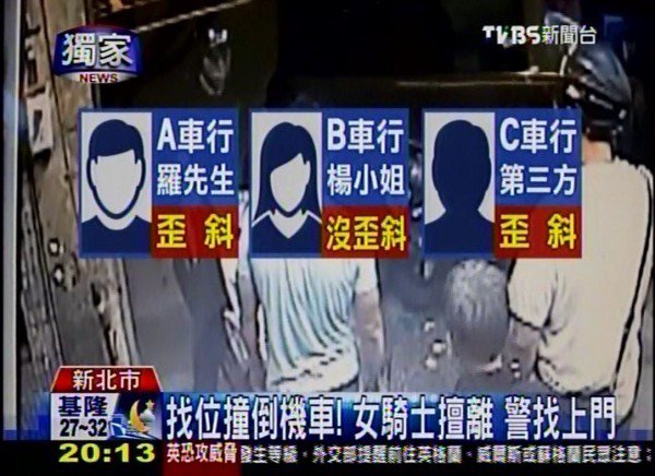 罗男到他常去的A车行估价受损状况,技师发现车手和三角台有歪斜,但杨小姐找的B车行却没有,只好找C车行检查,C车行则认为有歪斜。(图撷取自TVBS) 罗男到他常去的A车行估价受损状况,技师发现车手和三角台有歪斜,但杨小姐找的B车行却没有,只好找C车行检查,C车行则认为有歪斜。(图撷取自TVBS)