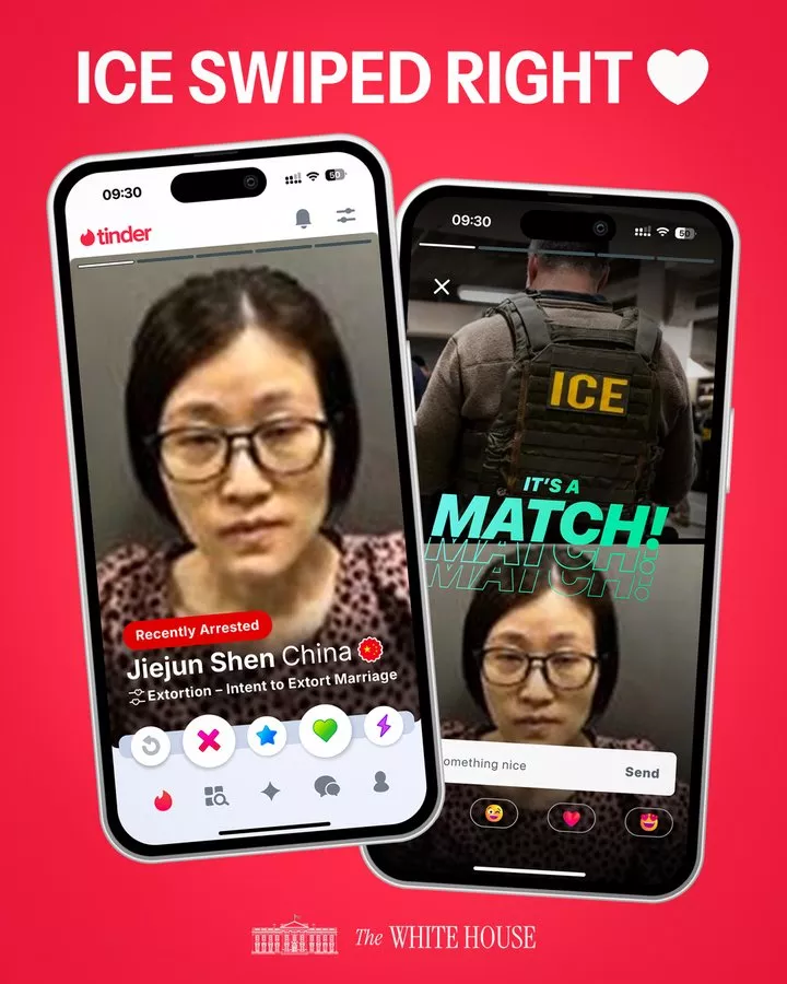 华女涉假结婚被捕 白宫发梗图调侃：与ICE匹配成功