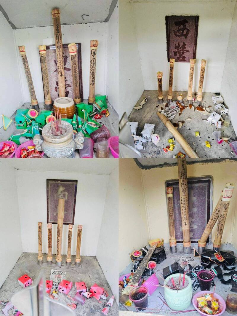埔盐真武宫东、南、西、北「营头」祭坛出现香火被倒插等破坏状况。(民众提供) 埔盐真武宫东、南、西、北「营头」祭坛出现香火被倒插等破坏状况。(民众提供)