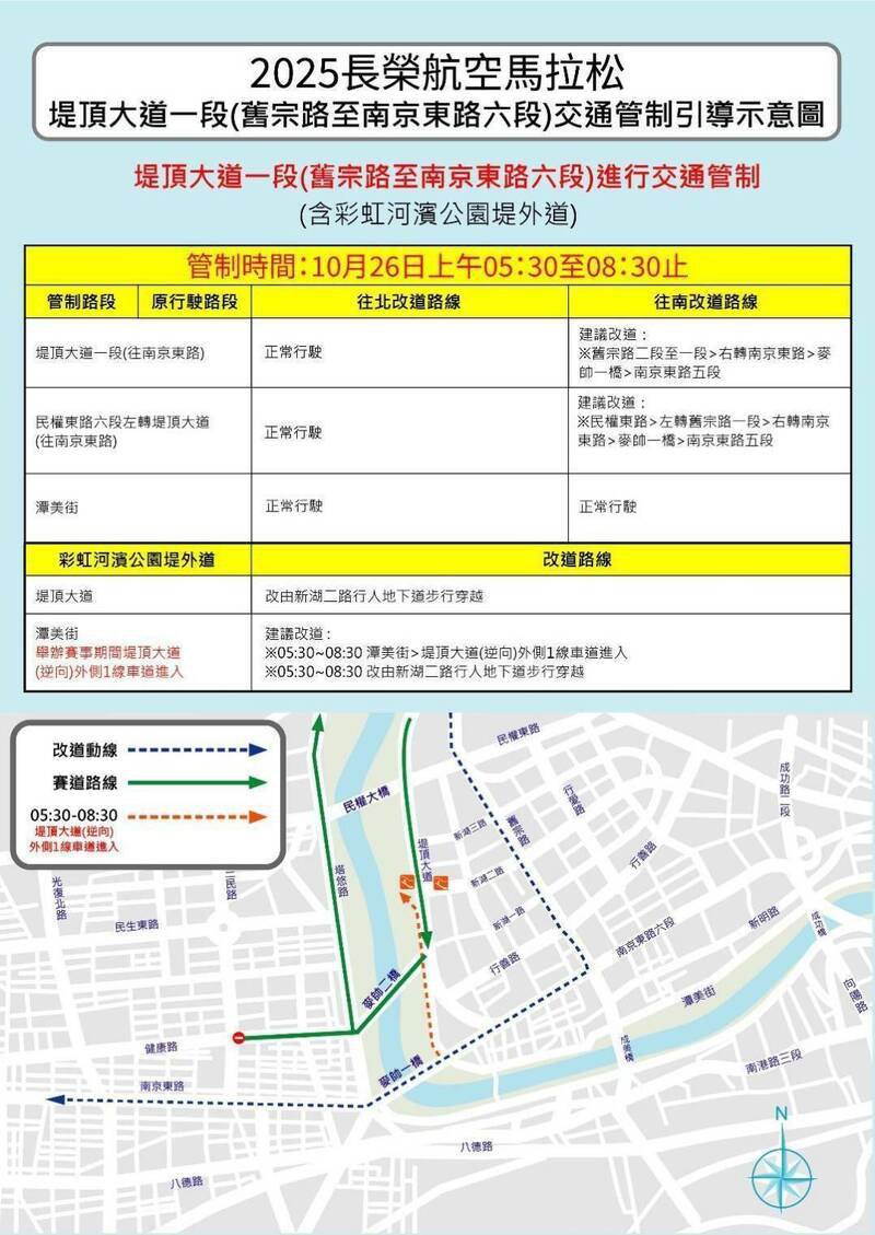 「2025长荣航空马拉松」堤顶大道一段交通管制引导示意图。(记者刘庆侯翻摄)注:警提供 「2025长荣航空马拉松」堤顶大道一段交通管制引导示意图。(记者刘庆侯翻摄)注:警提供