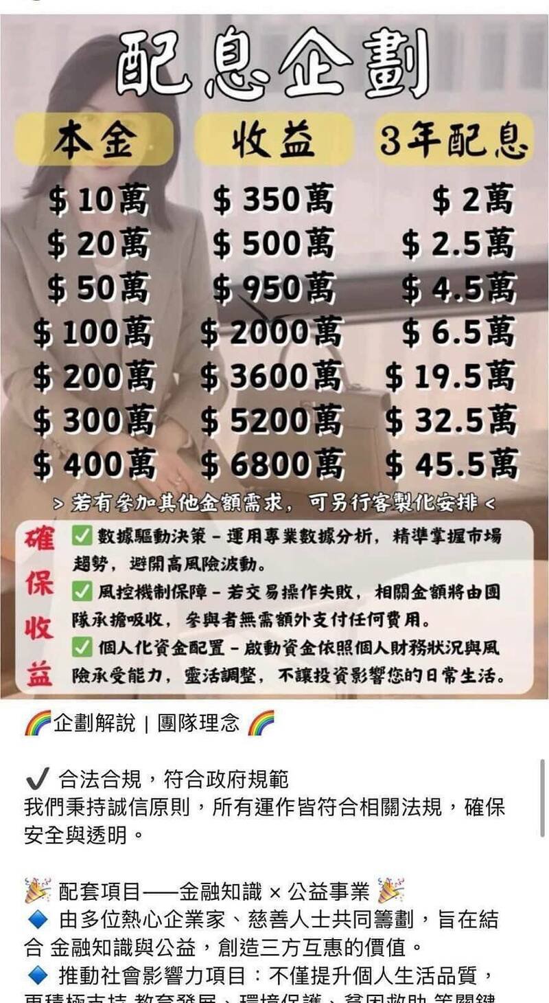 诈骗集团谎称可利用交易平台漏洞赚取高倍率报酬,每月稳定配息。(警方提供) 诈骗集团谎称可利用交易平台漏洞赚取高倍率报酬,每月稳定配息。(警方提供)