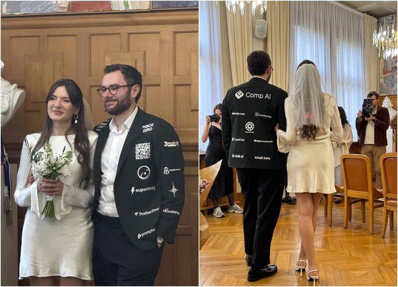 婚礼于10月25日举行，新郎将自己的婚礼西装变成「行动广告墙」。（图撷自「@dagorenouf」X、本报合成）