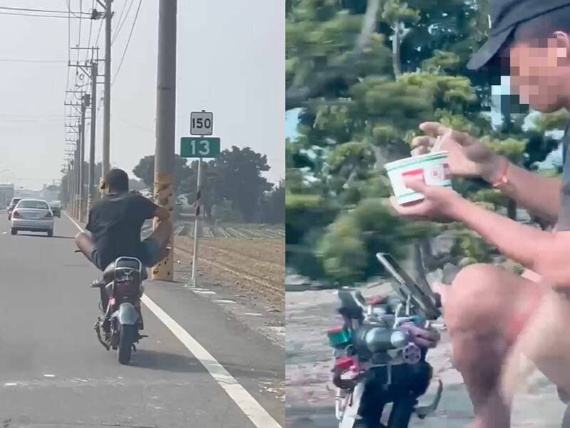 网路影片疯传，彰化道路上有外籍移工边骑车边吃泡面，宛如「特技表演」。（翻摄黑色豪门企业）