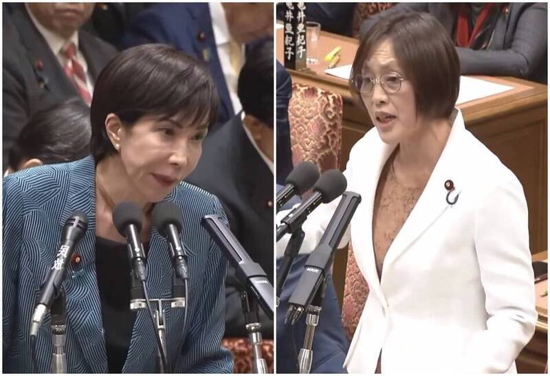 日本共产党主席田村智子与高市早苗的答询影片，在网上掀起讨论。（图翻摄自X平台）