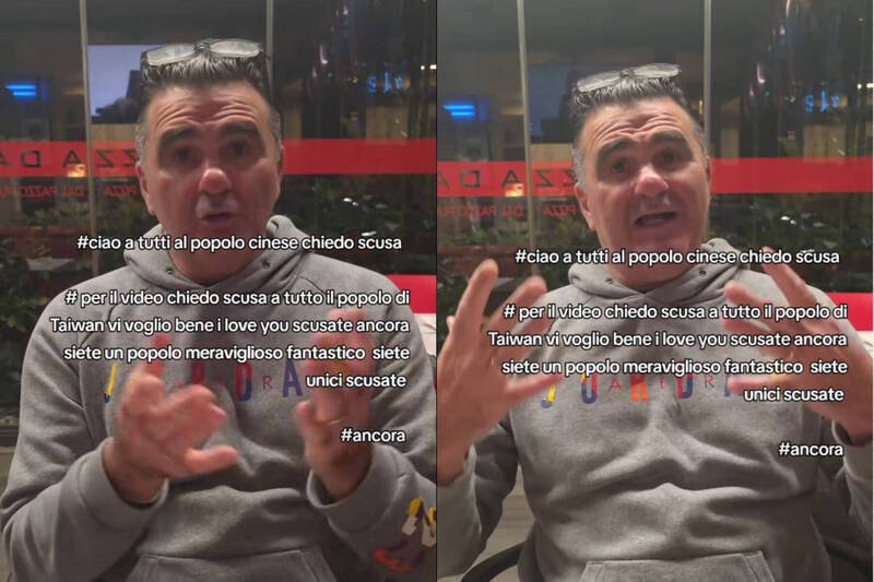 义大利披萨店老板拍片公审台湾游客而遭炎上，事后还拍影片向台湾游客道歉。（本报合成，撷取自Pizza Dal Pazzo/IG）