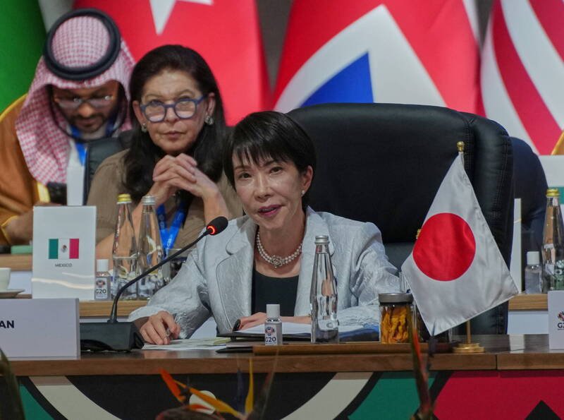 日本首相高市早苗22日在南非约翰尼斯堡出席G20峰会。（欧新社）