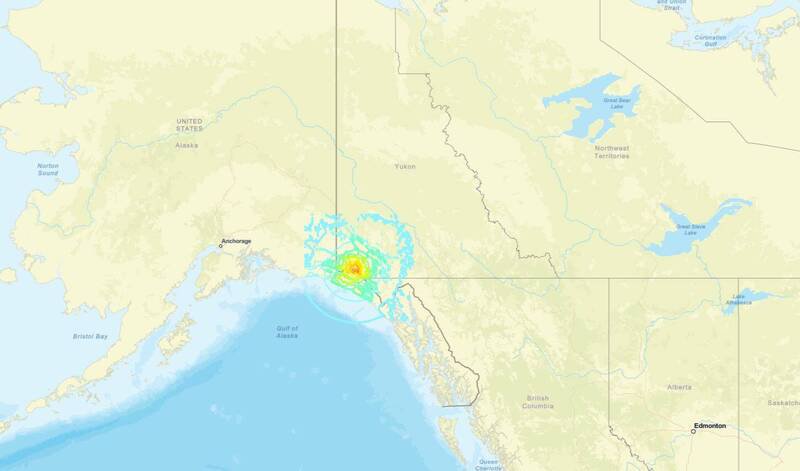 美国阿拉斯加州与加拿大育空地区交界发生规模7.0强震。（图撷取自美国地质调查局）