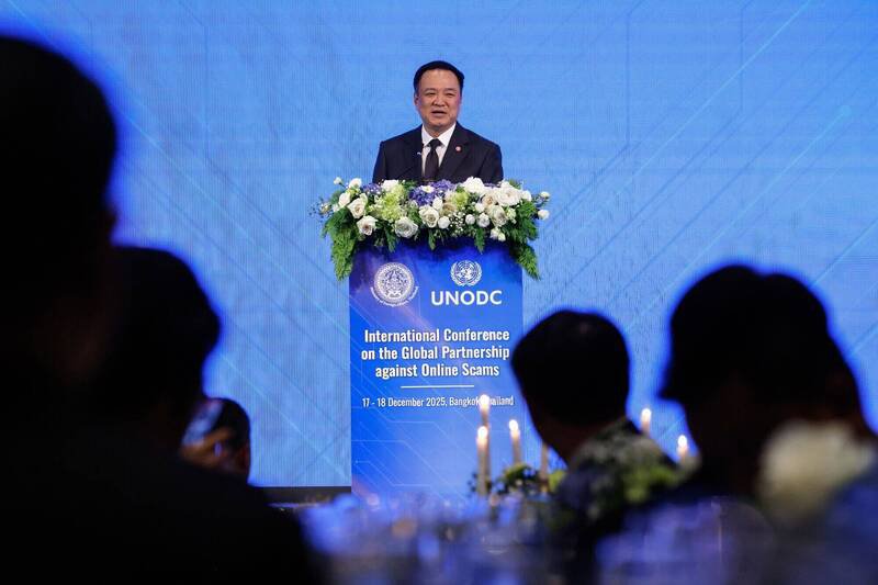 泰国总理阿努廷出席「全球打击网路犯罪伙伴关系」国际会议（IC-GPOS）晚宴。（彭博）