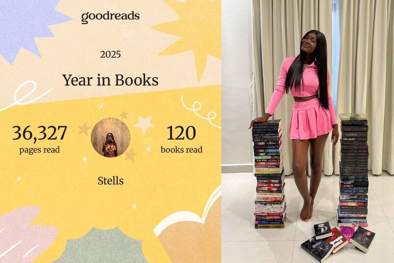 外国数位行销人兼书籍创作者阿玛（Armah），在社群分享她与今年阅读的120本书合照。（图撷取自@xx_howdy 社群平台「X」，本报合成）