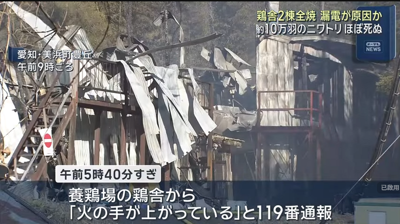 日本名古屋发生火灾造成约10万只鸡命丧火海，怀疑是配电箱漏电导致起火。（图撷取自@NagoyaTVnewsCH社群平台「YouTube」）