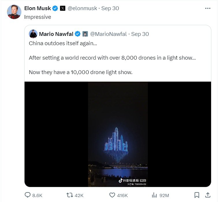 馬斯克近月連續兩次在社交媒體X平台上對深圳無人機表演公開表示讚歎。（X截圖）