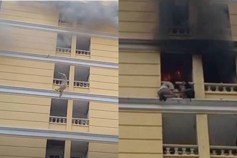 泰国曼谷一间饭店发生火警,住客躲在阳台边缘等待救援,一名男子不慎从7楼坠落。(本报合成,撷取自泰国消防局脸书) 泰国曼谷一间饭店发生火警,住客躲在阳台边缘等待救援,一名男子不慎从7楼坠落。(本报合成,撷取自泰国消防局脸书)