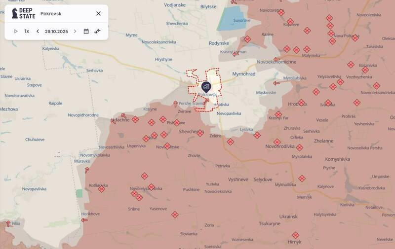 乌东大城波克罗夫斯克(Pokrovsk,红军城,虚线处)若沦陷,将是俄军取得优势的关键象征。(撷取自Deep State网站) 乌东大城波克罗夫斯克(Pokrovsk,红军城,虚线处)若沦陷,将是俄军取得优势的关键象征。(撷取自Deep State网站)