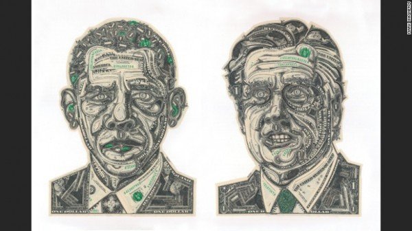 钞票上的每一个部分都能成为拼贴的零件，甚至是林肯（Abraham Lincoln）的鼻子和欧巴马（Barack Obama）的耳朵的一部分。（图撷取自CNN）