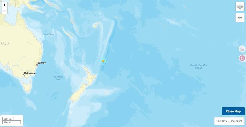 根据美国地质调查所（USGS）观测显示，这起芮氏规模6.0的地震震央位于纽西兰北方的克马德克群岛（Kermadec Islands）南端海域，震源深度仅10公里，属于极浅层地震。（撷自美国地质调查所）